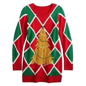 Celebrate Together Long Sleeve Crewneck Tunic Glittery Christmas Tree Sweater, S